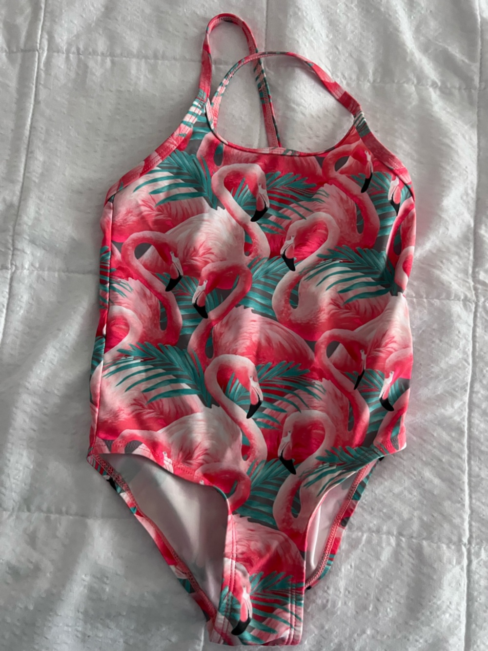 Old Navy Girls Flamingo Print One-Piece Swimsuit - Coral Pink & Teal